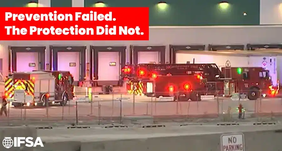 Prevention Failed. The Protection Did Not. 2 Fire apparatus outside the Panasonic Energy facility during the July 2026 battery fire in De Soto, Kansas