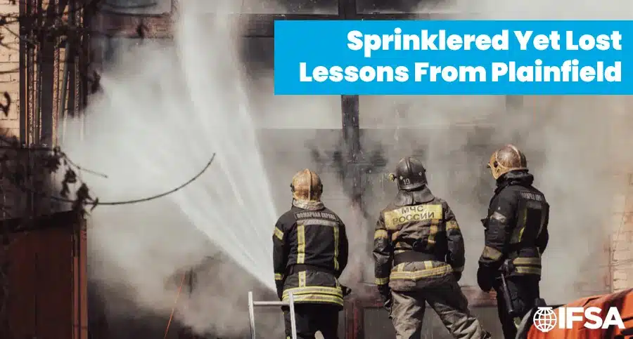 What the Plainfield Mega-Warehouse Fire Teaches About Storage Fire Protection 2 Sprinklered Yet Lost: Lessons From Plainfield - firefighters directing a hose stream at a burning building
