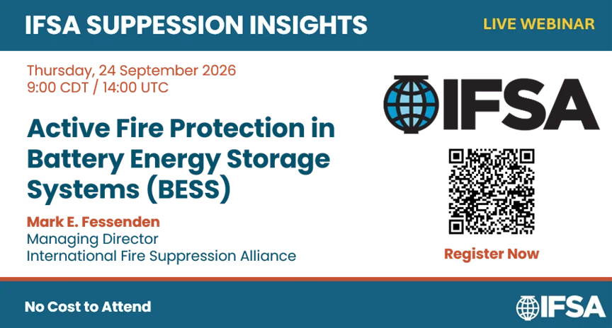 Training 3 IFSA Suppression Insights webinar: Active Fire Protection in Battery Energy Storage Systems on September 24, 2026