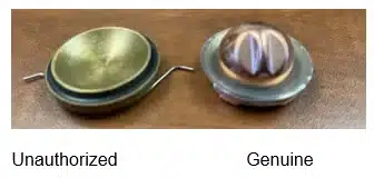 IFSA Product Advisory: Unauthorized Certification Marks on Tyco TY9226 ESFR Fire Sprinklers 4 Button sealing assembly of an unauthorized TY9226 fire sprinkler with an O-ring and spring, beside the genuine two-piece button assembly
