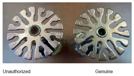 IFSA Product Advisory: Unauthorized Certification Marks on Tyco TY9226 ESFR Fire Sprinklers 3 Deflectors of an unauthorized TY9226 fire sprinkler and a genuine Tyco TY9226 fire sprinkler side by side
