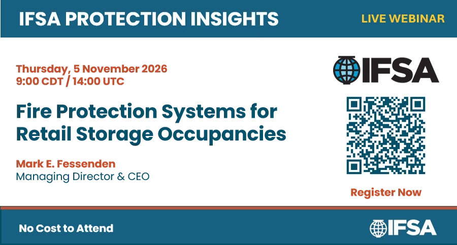 Training 4 IFSA Protection Insights flyer: Fire Protection Systems for Retail Storage Occupancies, Thursday, 5 November 2026. The time printed on the flyer is incorrect; the webinar starts at 9:00 CST / 15:00 UTC.