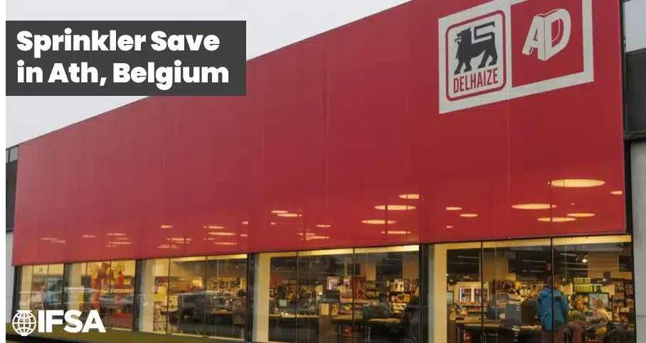 Automatic Sprinklers Contain Refrigerator Fire at Delhaize Supermarket in Ath, Belgium 2 Delhaize supermarket storefront with the caption Sprinkler Save in Ath, Belgium